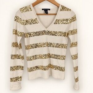 Boston Proper Small Silk Cashmere Sweated Ivory Gold Sequin V Neck Y2K Sparkle